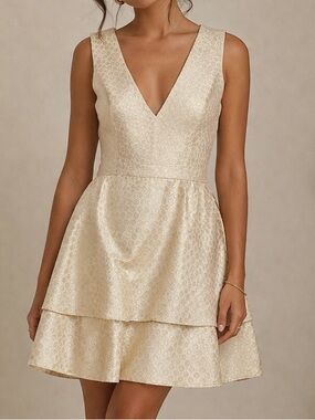 Gold V-Neck Tiered Mini Dress - Sleeveless